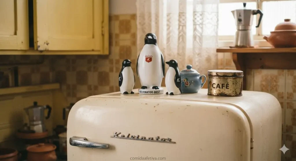 Pinguim de geladeira de cerâmica decorando o topo de um refrigerador em cozinha com estilo aconchegante