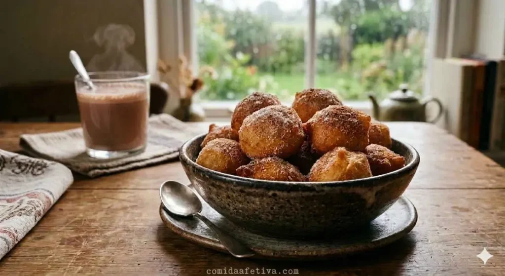 Bolinhos de chuva com achocolatado em uma tarde chuvosa, perfeito!