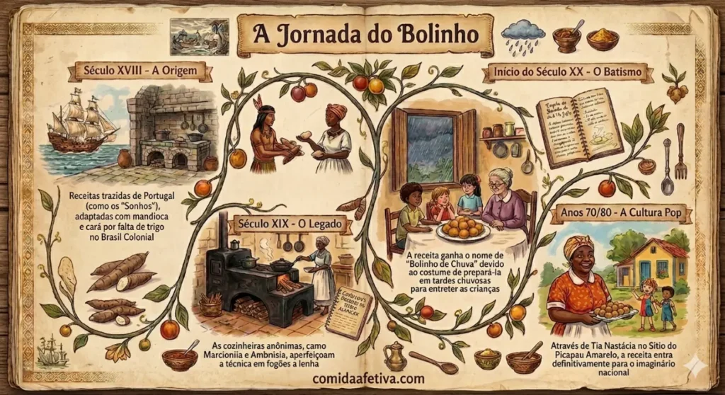 Jornada histórica do bolinho de chuva, estilo livro antigo