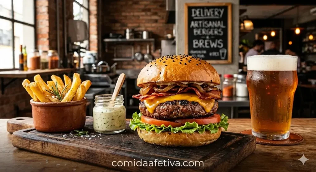 Hambúrguer artesanal caseiro com batatas fritas para o Dia Mundial do Hambúrguer