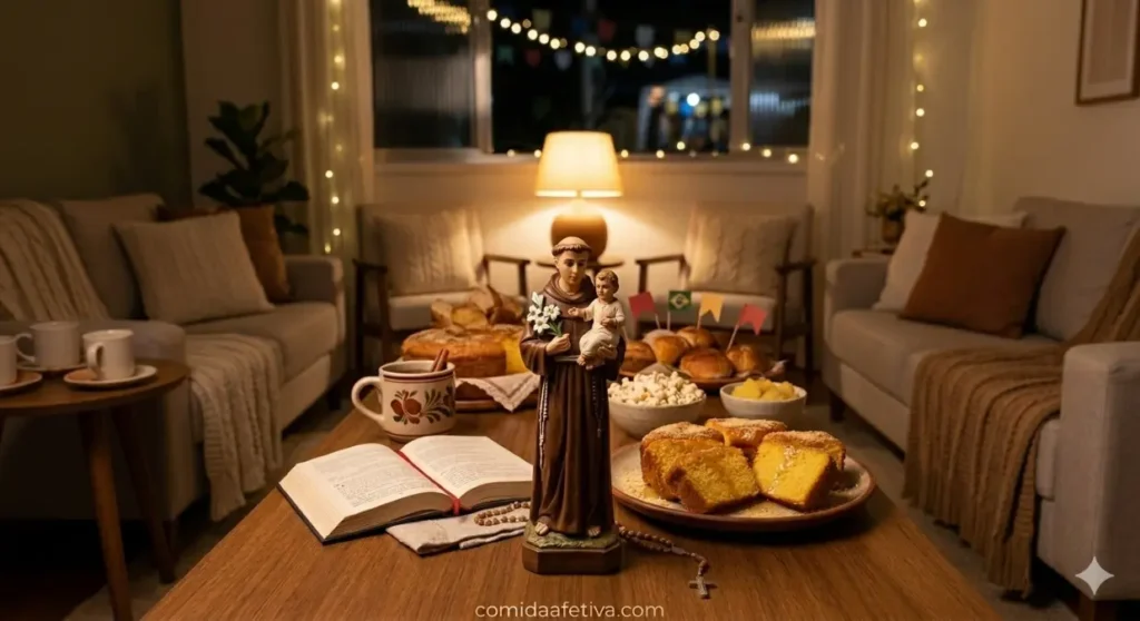 Bolo de fubá cremoso liquidificador ao lado da imagem de Santo Antônio em mesa decorada para a trezena.