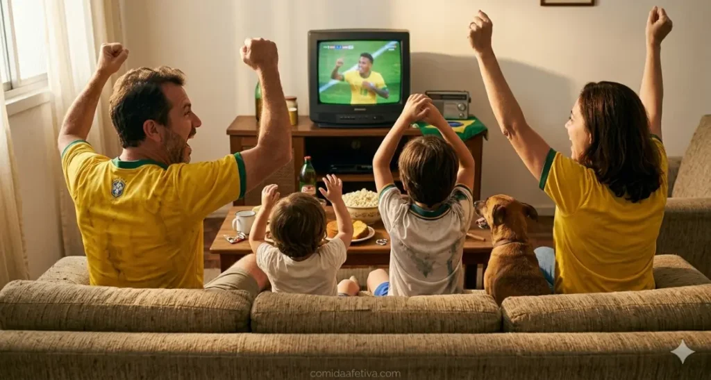 Visão de costas de uma família sentada no sofá vibrando com os braços erguidos em um grito de gol. Eles assistem a um jogo da seleção brasileira em uma antiga TV de tubo na sala de estar, cercados por petiscos caseiros e um cachorro.