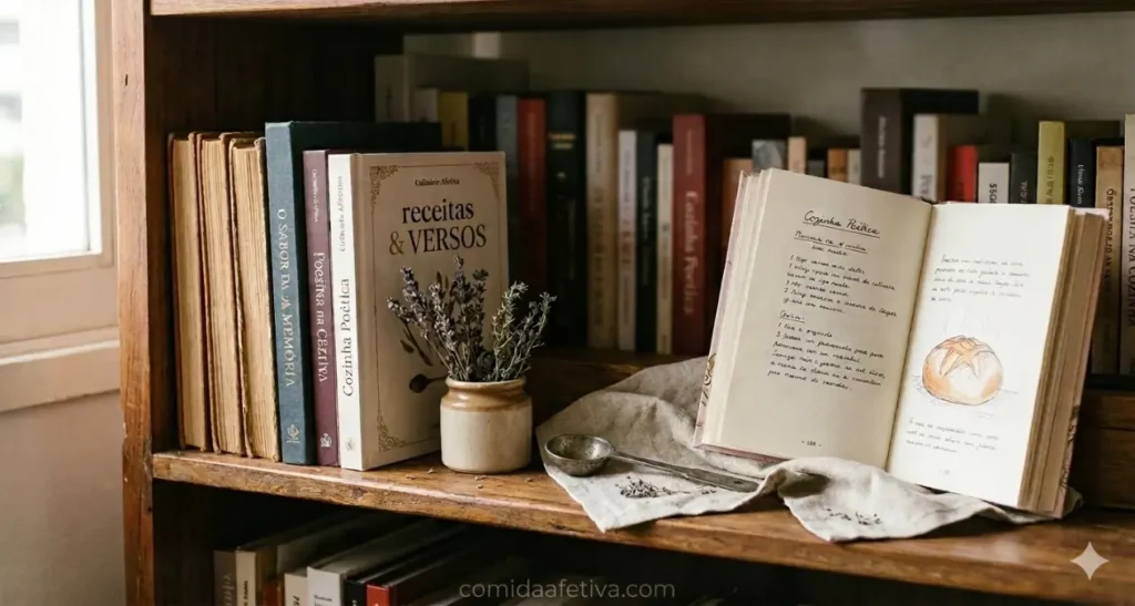 Caderno de receitas antigo aberto em uma estante de madeira ao lado de livros clássicos sobre poesia culinária.