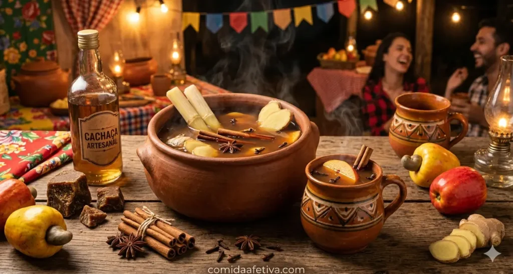 Mesa de São João com panela de barro servindo quentão nordestino com cachaça, especiarias e cajus ao lado.