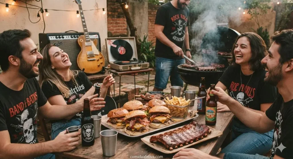 Amigos reunidos ao redor de uma mesa com hambúrgueres artesanais, costelinha barbecue, cervejas e churrasco, com guitarra e vinil ao fundo, celebrando o Dia Mundial do rock
