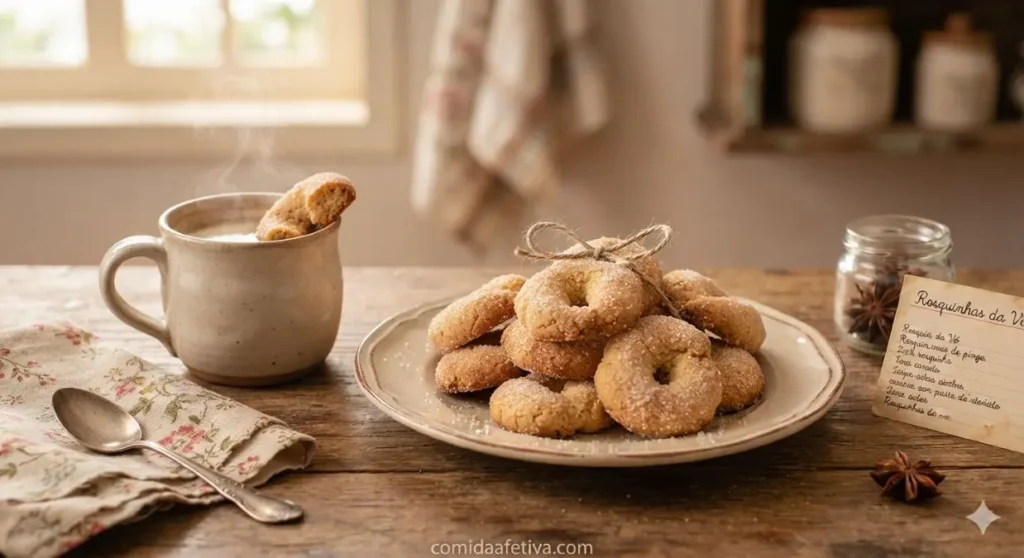 Prato rústico com rosquinhas de pinga tradicionais amarradas com barbante, xícara de café com leite fumegante e caderno de receitas antigo ao fundo