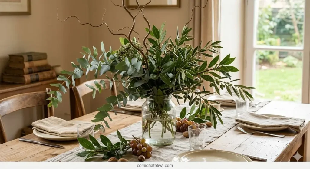 Mesa posta de madeira decorada com um arranjo de mesa com galhos e folhagens de eucalipto e oliveira em uma jarra de vidro transparente.