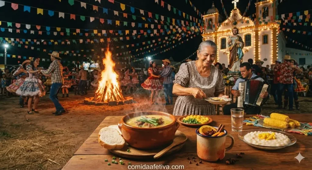 Senhora sorridente servindo caldo fumegante em mesa rústica durante os festejos de São Pedro com fogueira e igreja ao fundo