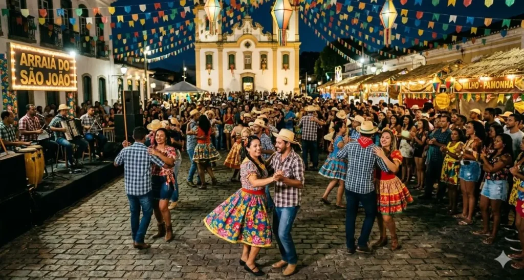 Casal dançando forró tradicional em praça enfeitada com bandeirolas de festa junina