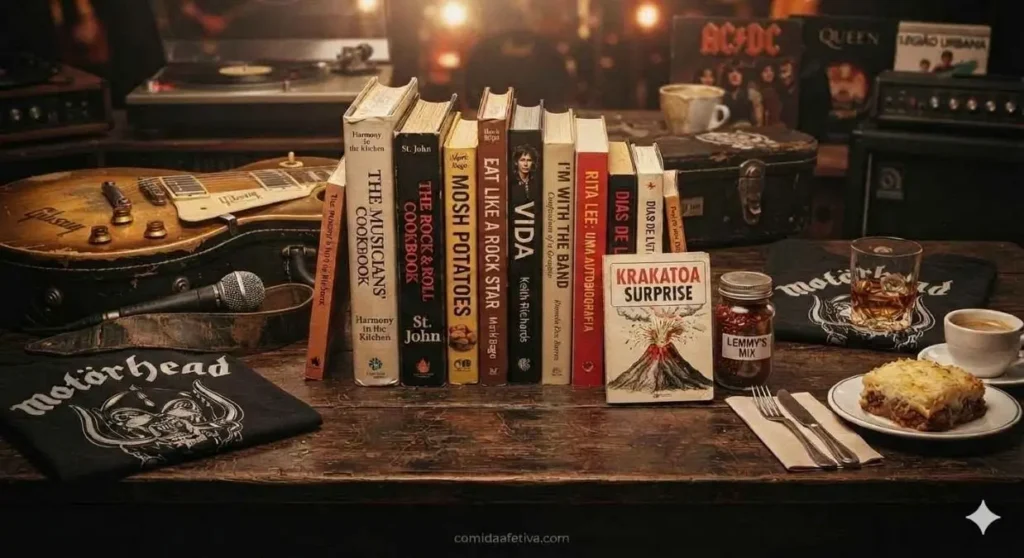 Livros de receitas de ícones do rock, discos e uma travessa com a receita Krakatoa Surprise sobre mesa de madeira.