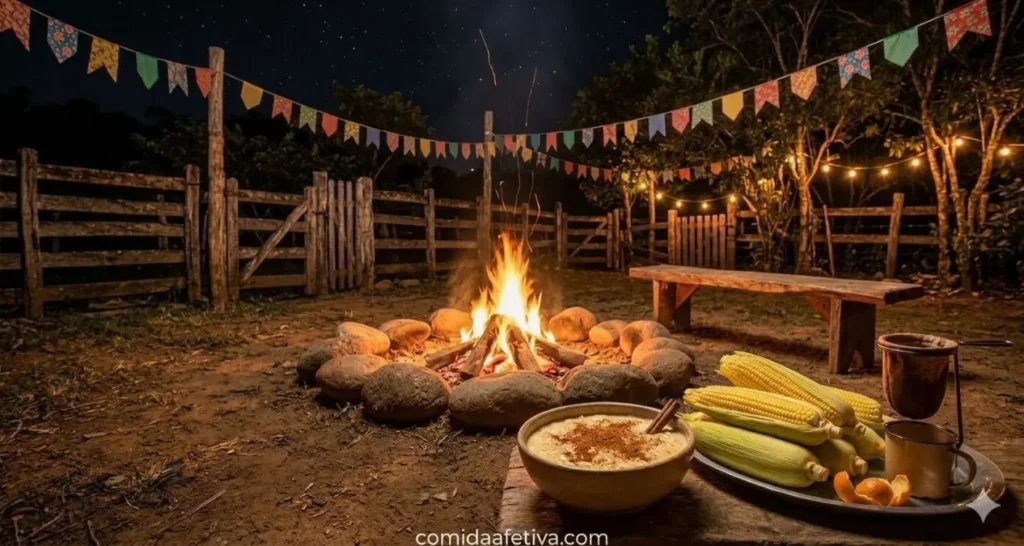 Mesa típica de festa de São João com canjica cremosa, espigas de milho e fogueira ao fundo