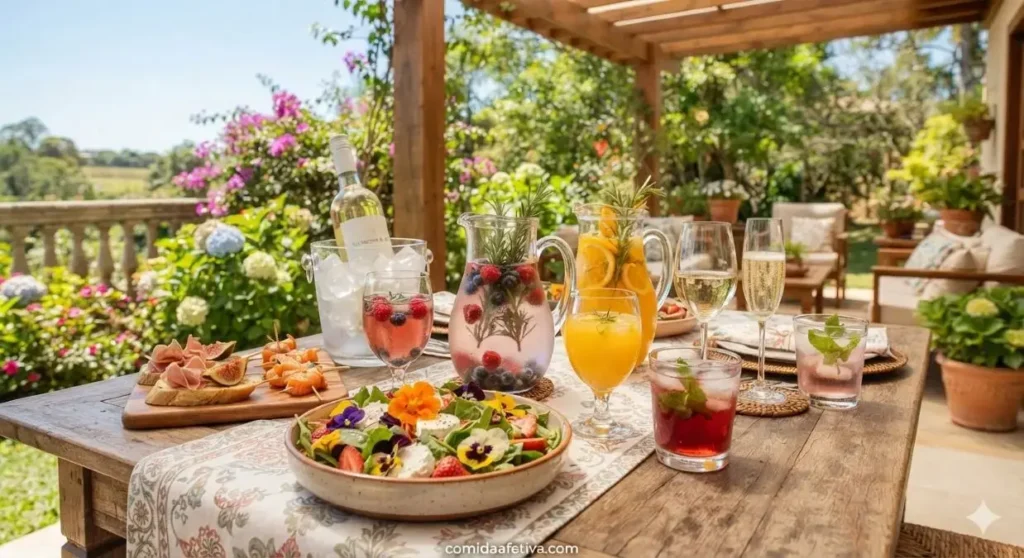 Mesa posta ao ar livre com salada fresca, taças de bebidas refrescantes, águas aromatizadas e espumante representando bebidas para pratos leves.