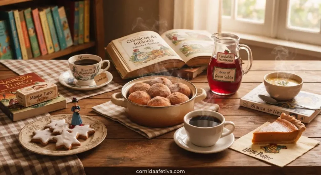 Mesa posta com livros clássicos da infância e xícara fumegante representando comida e literatura.