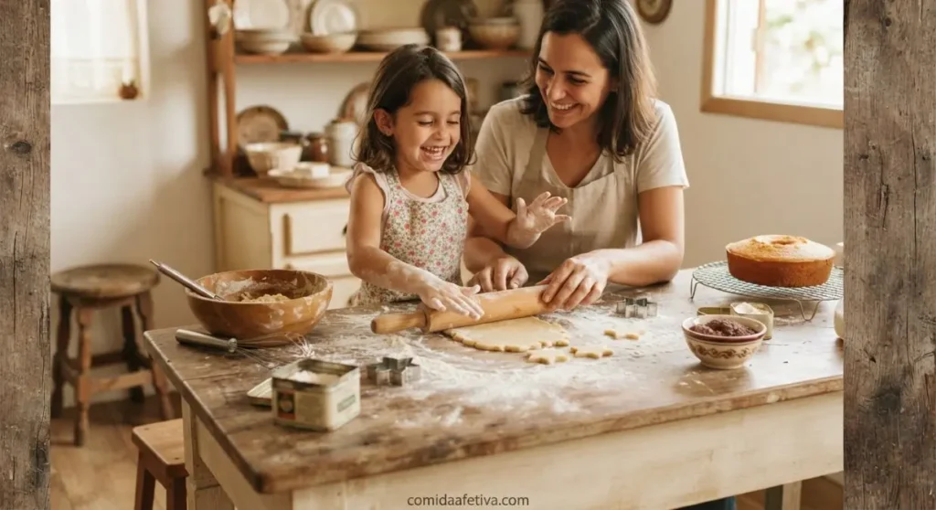 Mãe e filha preparando receitas de confeitaria afetiva na cozinha no Dia das Crianças.