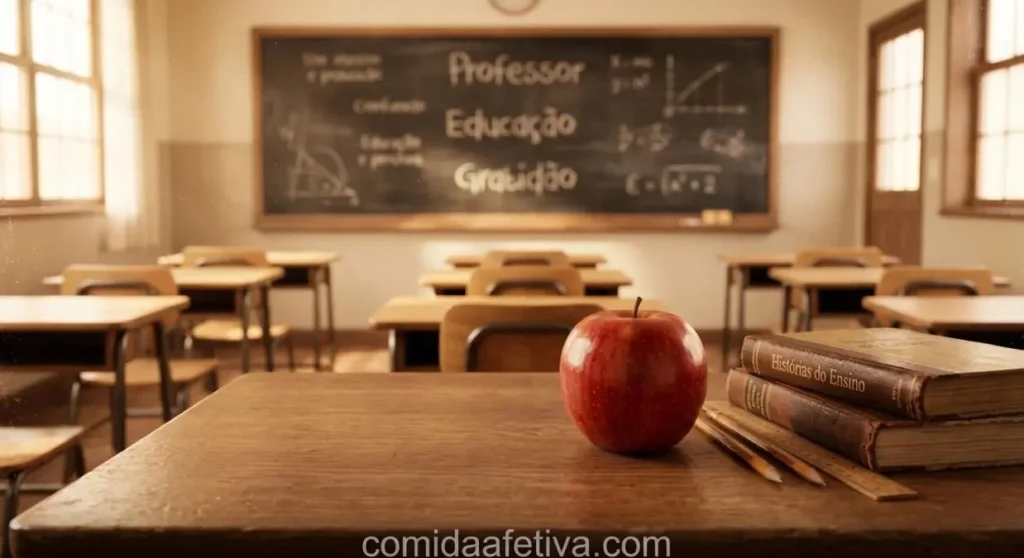 Maçã fresca sobre uma mesa de madeira em sala de aula para o dia dos professores.