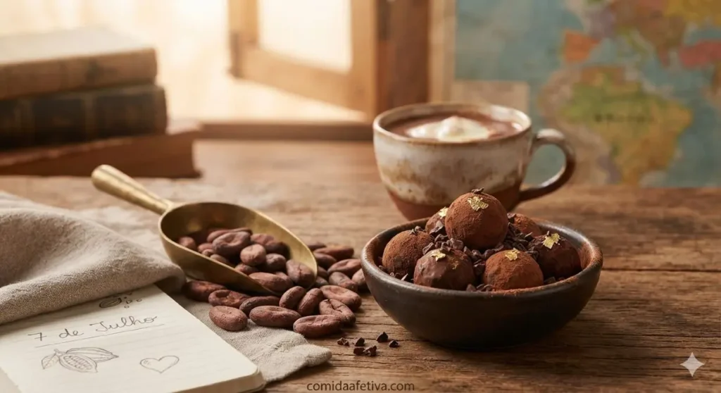 Mesa de madeira com trufas de chocolate, amêndoas de cacau, xícara de chocolate quente e anotações sobre o dia 7 de julho