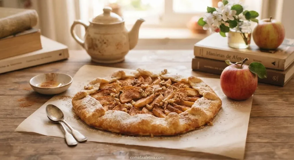 Torta rústica de maçã com canela feita artesanalmente.