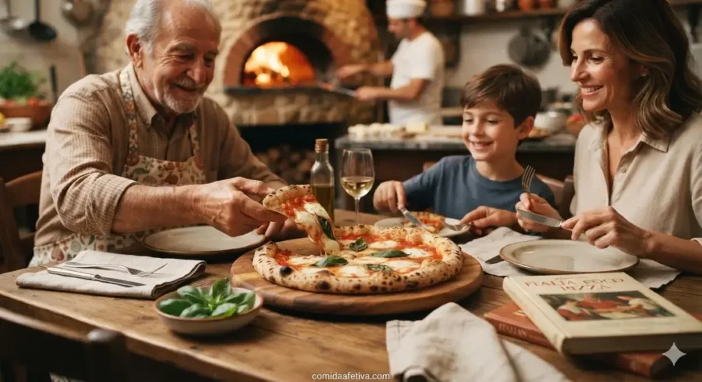 Família reunida à mesa de madeira saboreando uma pizza Margherita artesanal com forno à lenha ao fundo