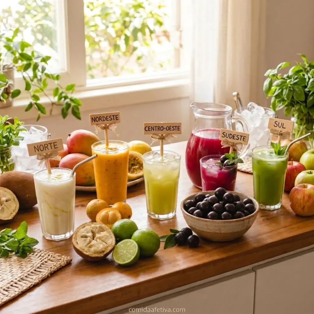 Copos de suco natural artesanal representando as cinco regiões do Brasil sobre uma mesa de madeira.