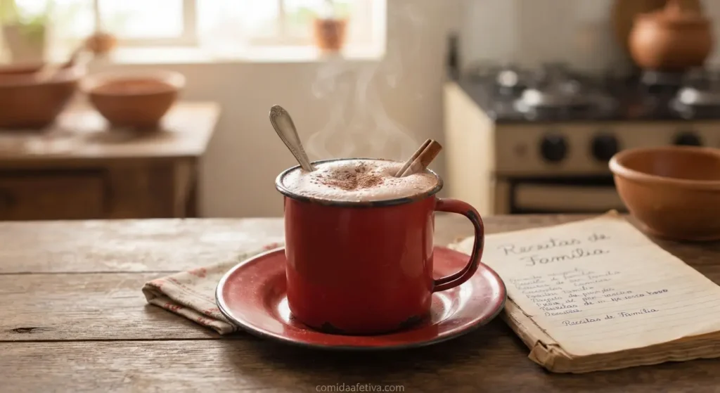 Caneca de esmalte vermelha com leite com achocolatado fumegante e caderno de receitas na mesa.