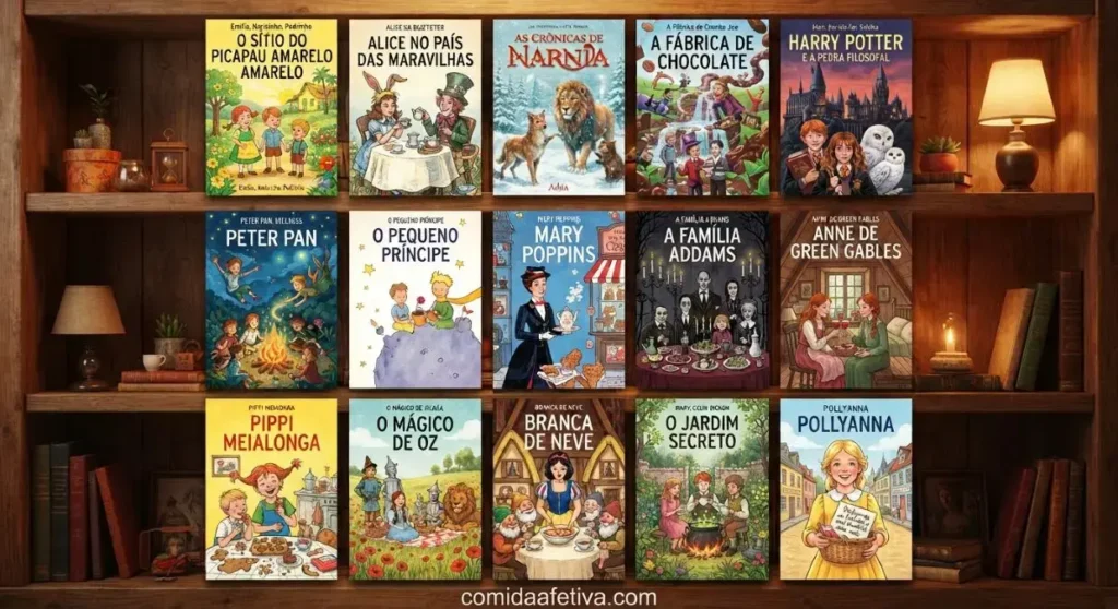 Estante com capas de quinze livros clássicos infantis que exploram a relação entre comida e literatura e a gastronomia afetiva.