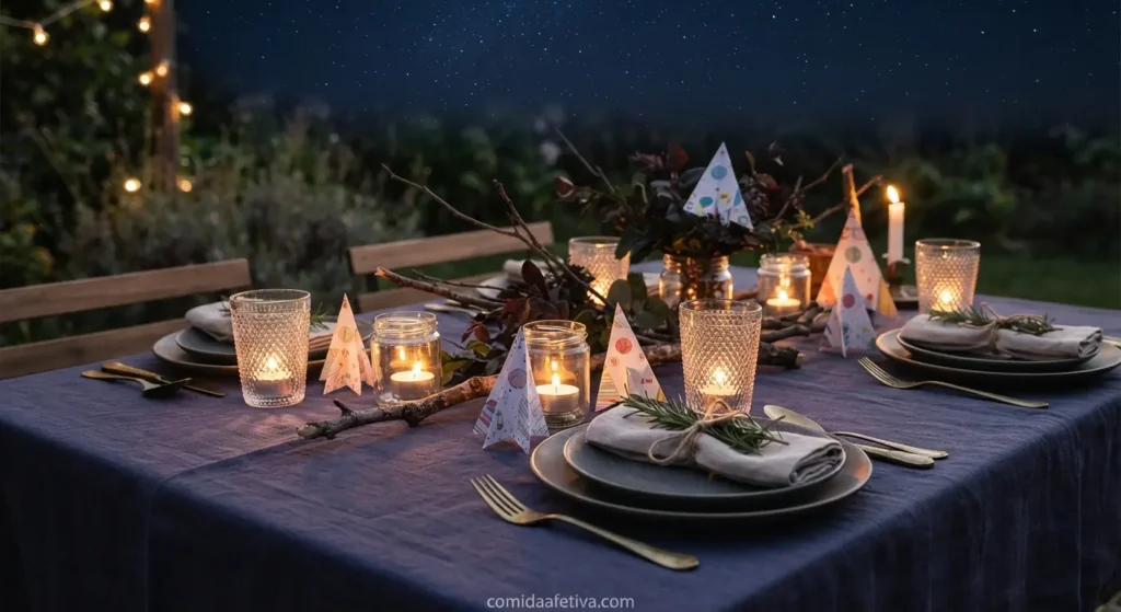 Mesa posta inspirada no espaço com velas, louças escuras e caminho de mesa azul.