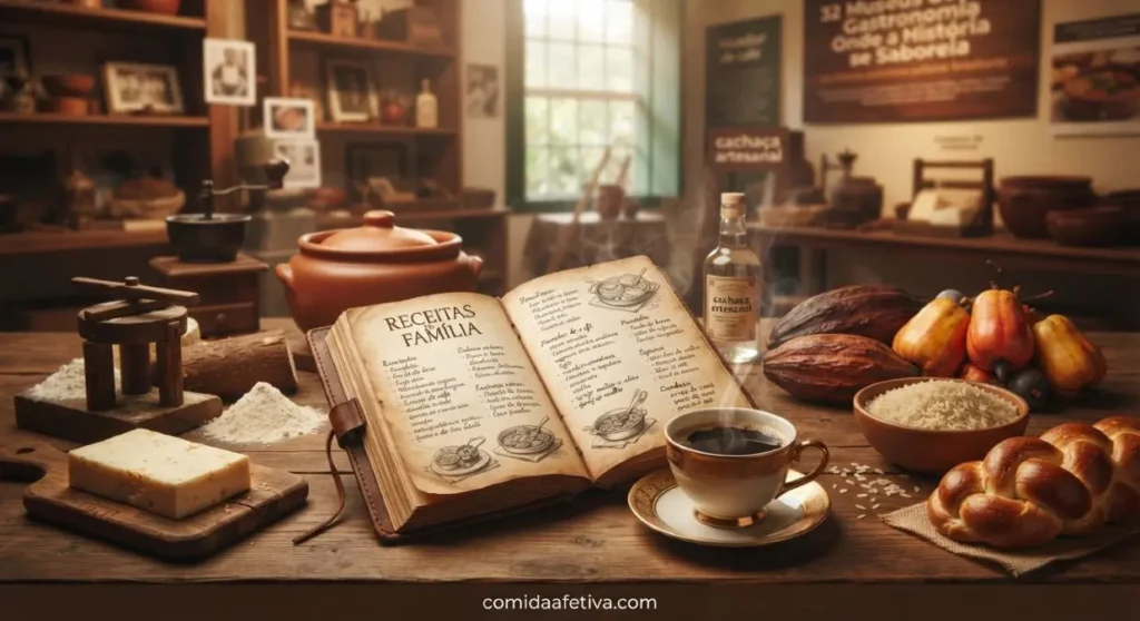 Uma mesa rústica de madeira representando os museus de gastronomia do Brasil, com um livro antigo aberto escrito