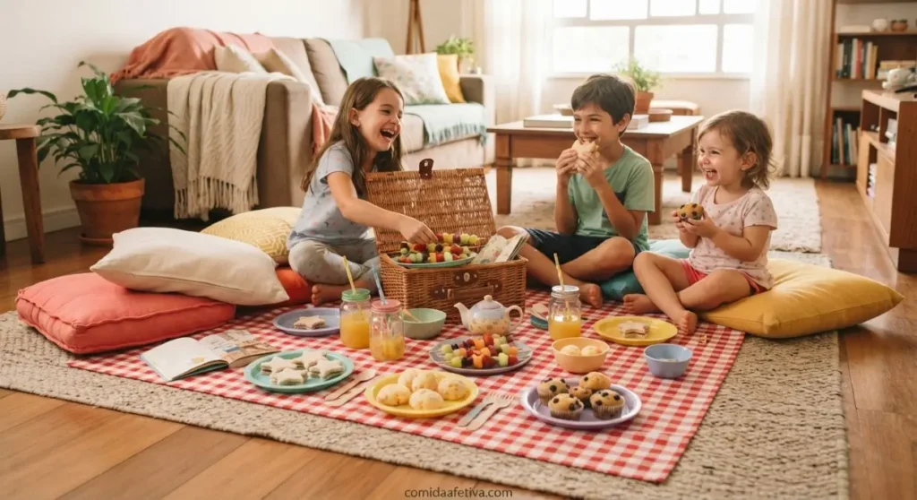 Crianças felizes fazendo piquenique na sala com toalha xadrez, cesta de vime e comidinhas.