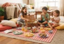 Piquenique na Sala: Uma Mesa Posta Lúdica no Chão com Toalha Xadrez e Almofadas