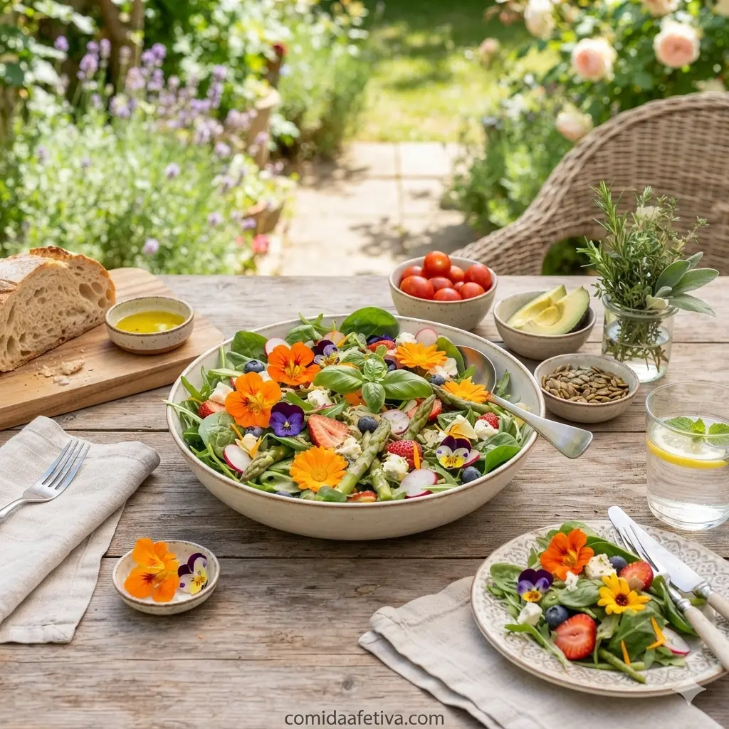 Salada colorida de primavera com flores comestíveis, frutas e ervas frescas em mesa de madeira ao ar livre. Pratos leves para os dias quentes!